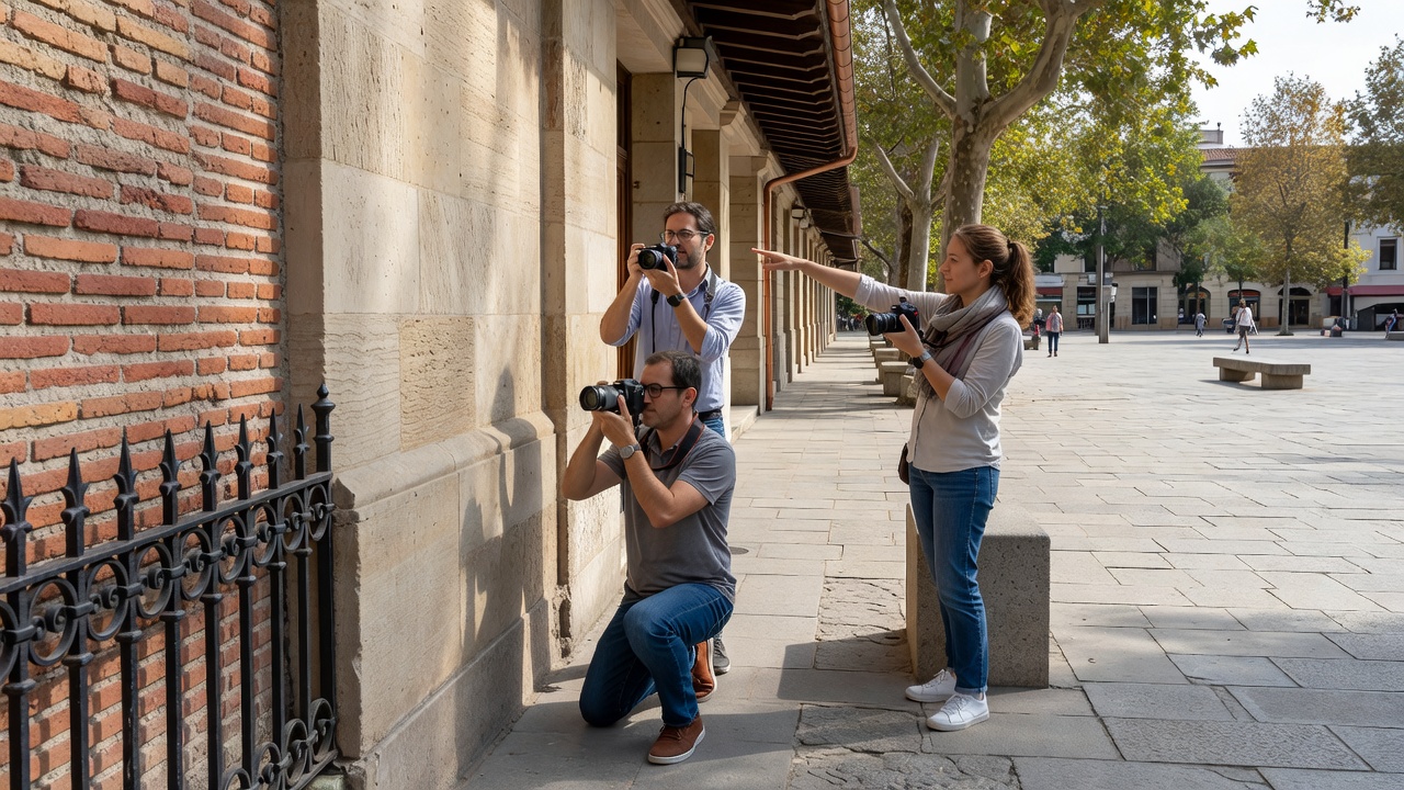 Adult friends photographing everyday architectural details from a public pedestrian area in daylight