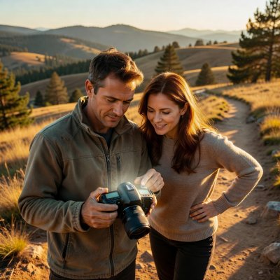Two adult friends comparing photographs on a camera screen outdoors