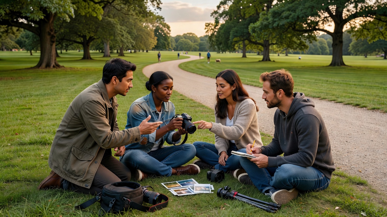 Adult friends sharing photography ideas while gathered beside a park path in soft daylight